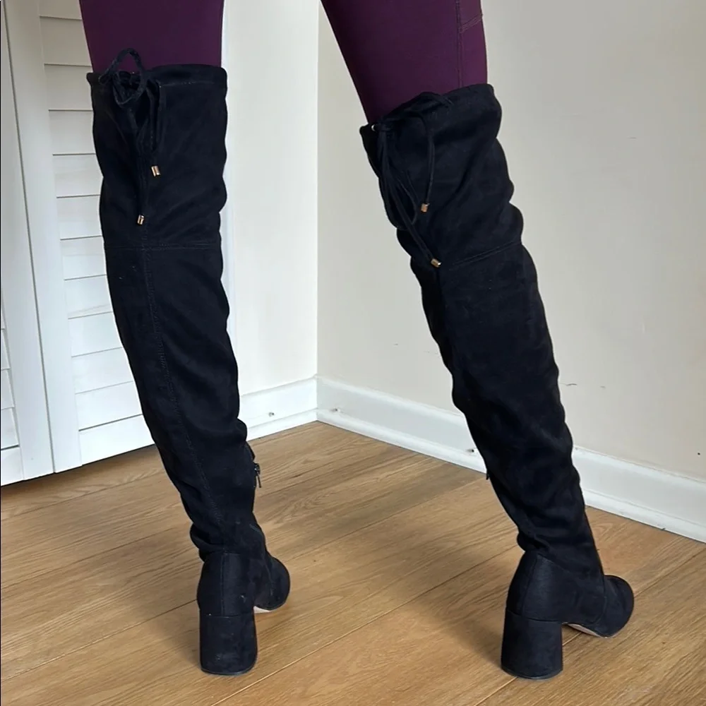 Size 8.5 | Osana | Over-The-Knee Black Heeled Boots | Chic & Sleek Silhouette